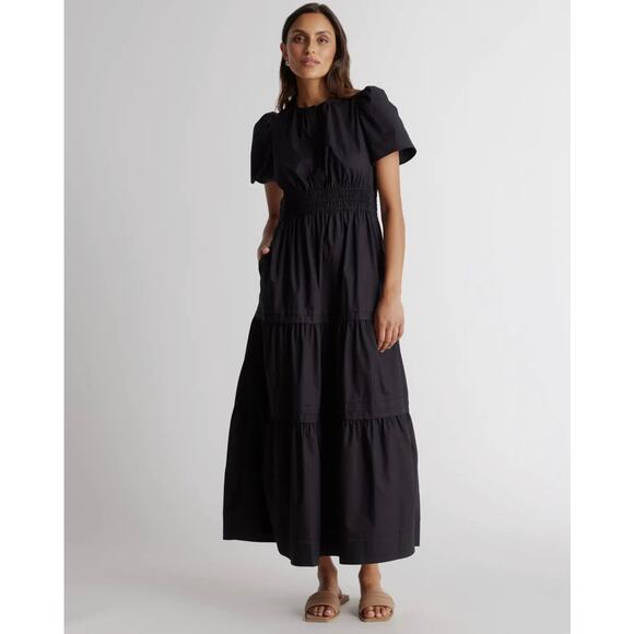 QUINCE Black 100% Organic Cotton Tiered Maxi Dress NWT Size Large - Picture 1 of 14